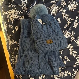 UGG Blue Cable Knit Hat and Scarf Set